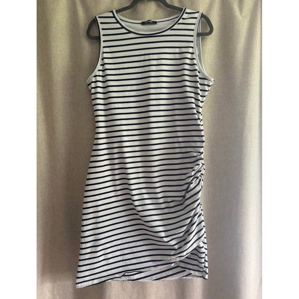 Women's XL Striped Sleeveless Dress – Ruched Side Detail Navy & White 220 - Picture 2 of 3